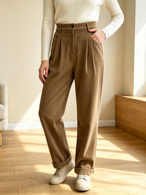 Retro-style Corduroy High-waisted Pocket Casual Trousers