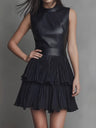 PU Leather Splicing Sleeveless Temperament Commuting Mini&Short Dresses