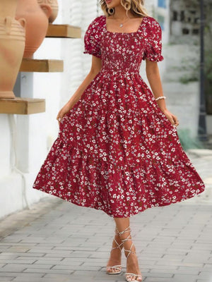 Floral Print Square Neckline And Puff Sleeves Maxi Dresses