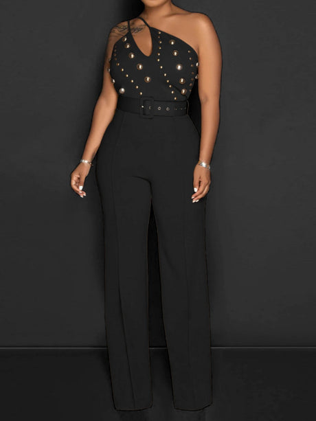 One-shoulder Asymmetrical Neckline Hollow Out Metal Buckle Sleeveless Jumpsuits