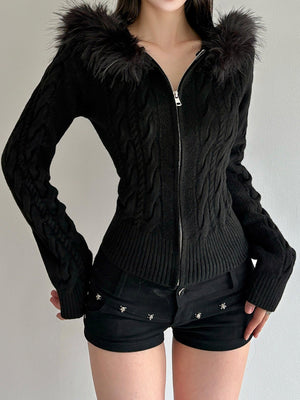 Plush Patchwork Hoodies Zipper Cable Knit Sweater Cardigans