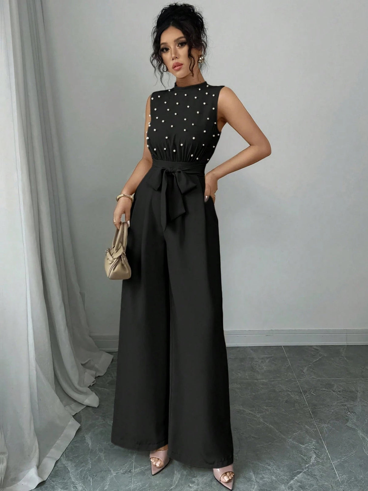 Polka Dots Crew Neck Sleeveless Wide-leg Jumpsuits