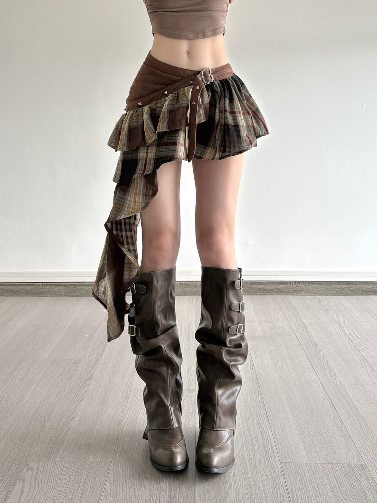 Plaid Patchwork Irregular Hem Short Skirt