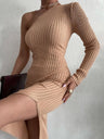 Sloping Shoulder And Slit Waist-cinching And Hip-hugging Knitted Sweaters Midi Dresses