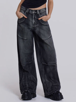 Y2k Angel Wings Print Washed Jeans