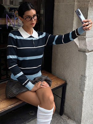 Preppy Style Striped Color-blocked Polo Collar Long-sleeved Fitted Sweater