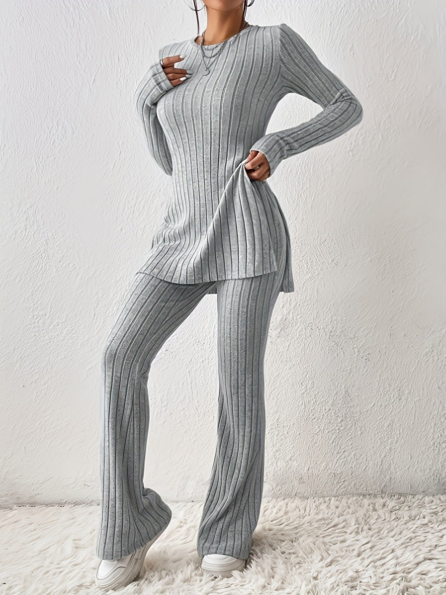 Leisure Long Sleeve Crew Neck Slit Pure Color 2-piece Sets