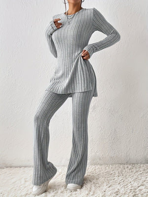 Leisure Long Sleeve Crew Neck Slit Pure Color 2-piece Sets