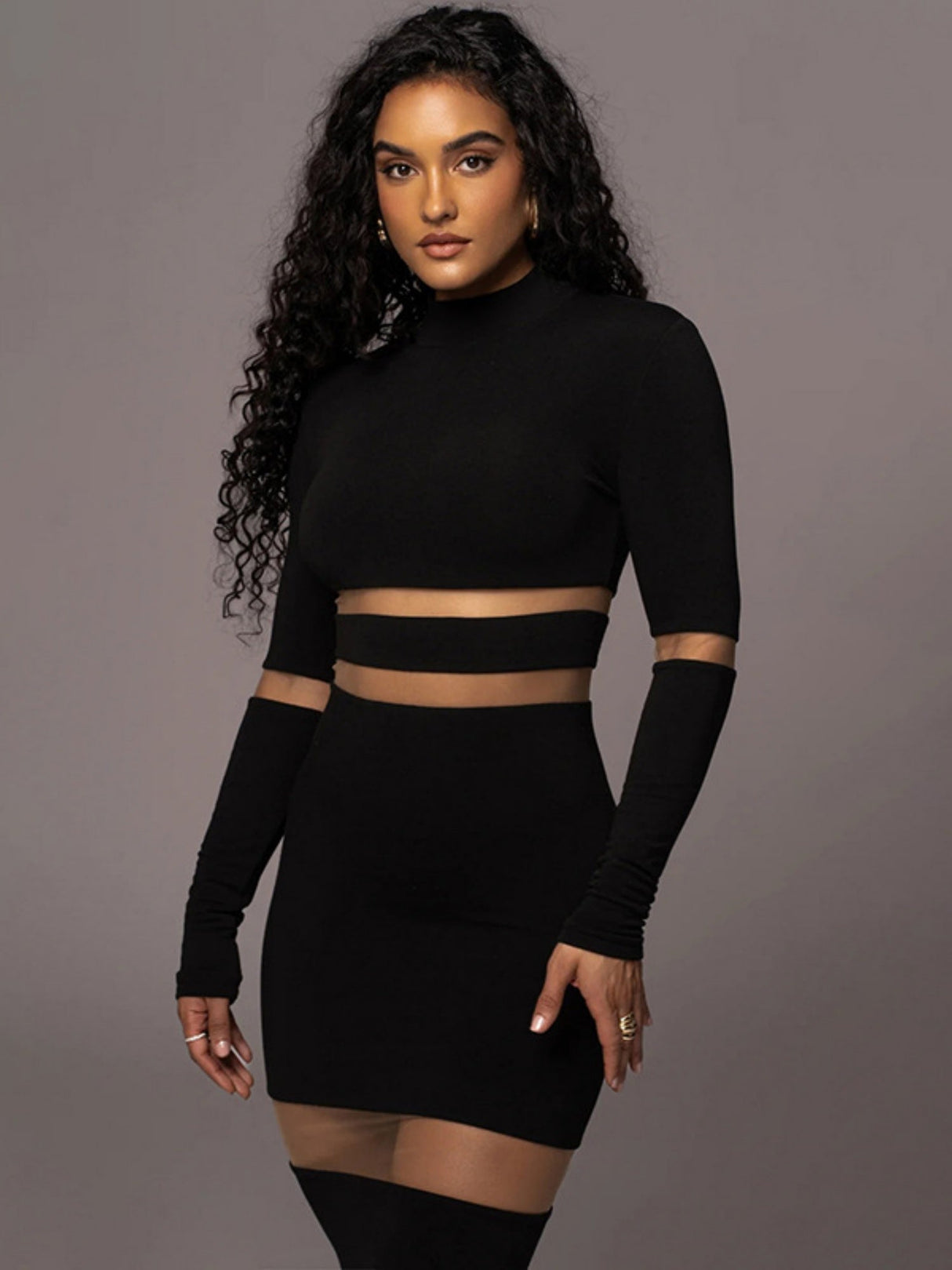 Mesh Splicing High Collar High Waist Slim Sexy Long Dress