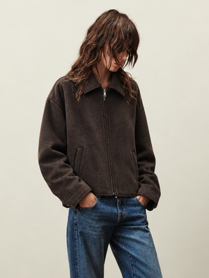 Vintage Distressed Brown Zip-up Long-sleeved Short Jacket
