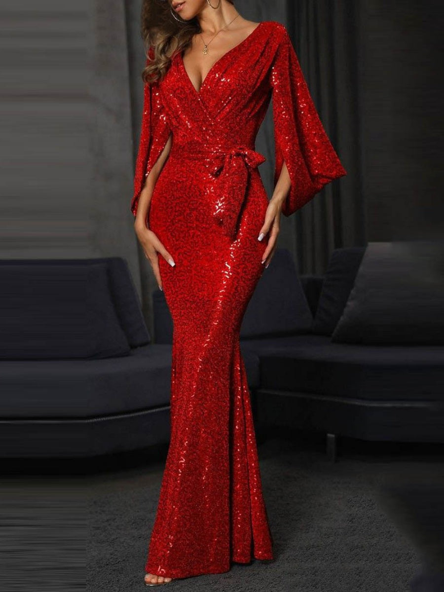 Maxikleider mit Schlitz, einfarbig, mit Pailletten besetzt