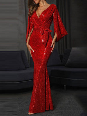 Maxikleider mit Schlitz, einfarbig, mit Pailletten besetzt