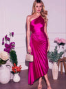 Robes maxi plissées en satin, une épaule, encolure asymétrique, couleur unie
