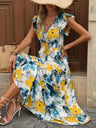 Floral Print V-neck Short Sleeve Maxi Dresses