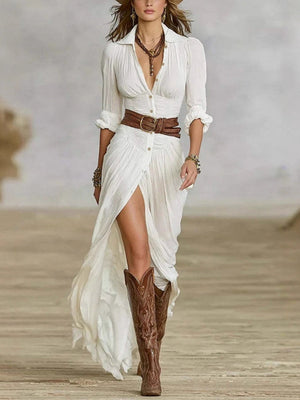 V-neck Long Sleeve Irregular Folds With Belt Maxi Dresses