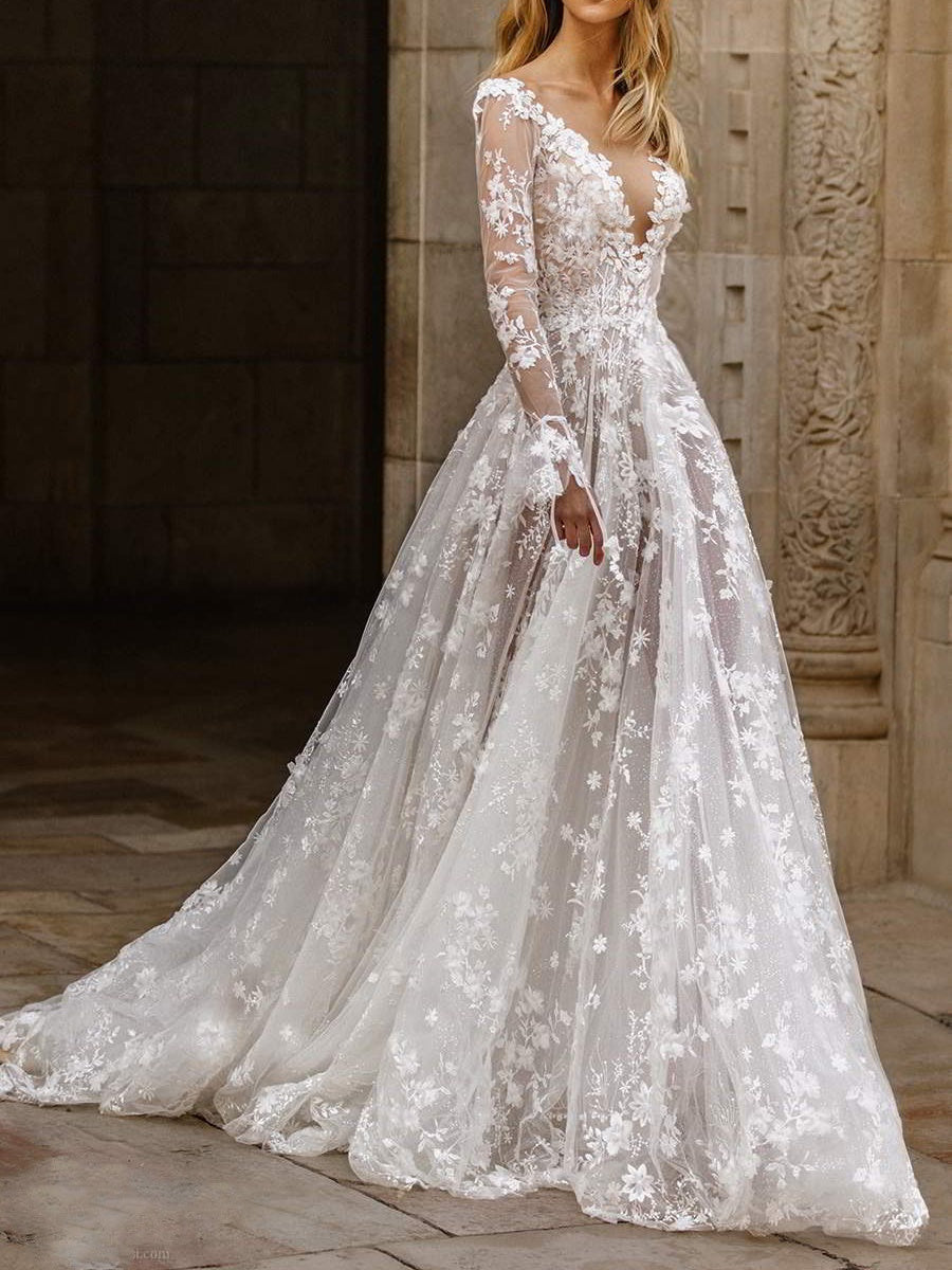 Sexy Long Sleeve V-neck Bridal Wedding Dress Maxi Dresses