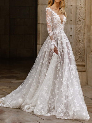 Sexy Long Sleeve V-neck Bridal Wedding Dress Maxi Dresses