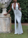 Halter Neck Deep V-neck Fitted Waist Long Dress Sexy Backless Ribbon Fishtail Long Dress