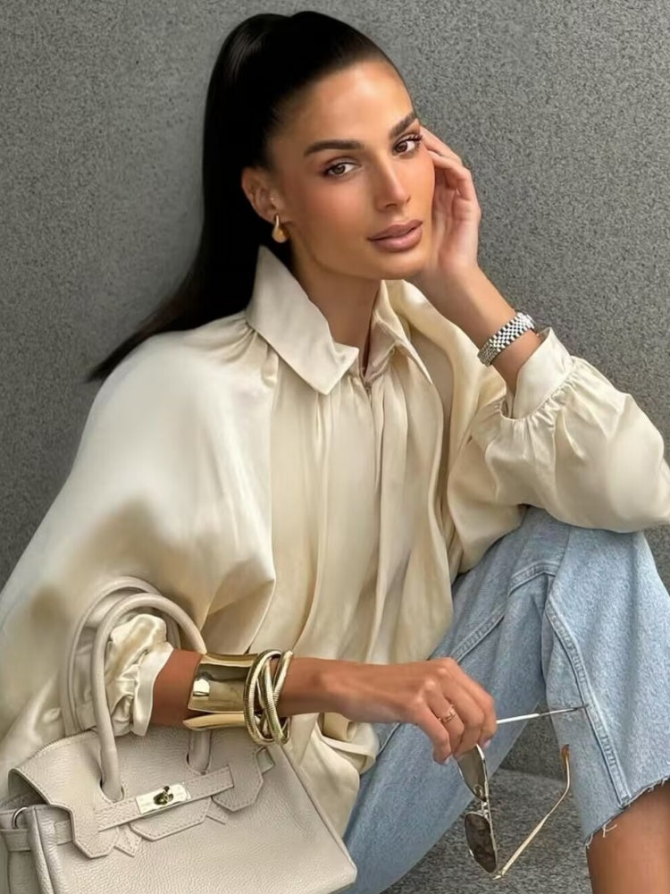 Batwing Sleeve Puff Sleeve Loose Casual Long Sleeve Zipper Suit Shirt Jacket