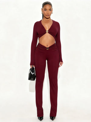 Metal Decoration Pleated Long-sleeved Top Tight High-waisted Trousers 2-piece Sets