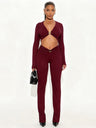 Metal Decoration Pleated Long-sleeved Top Tight High-waisted Trousers 2-piece Sets