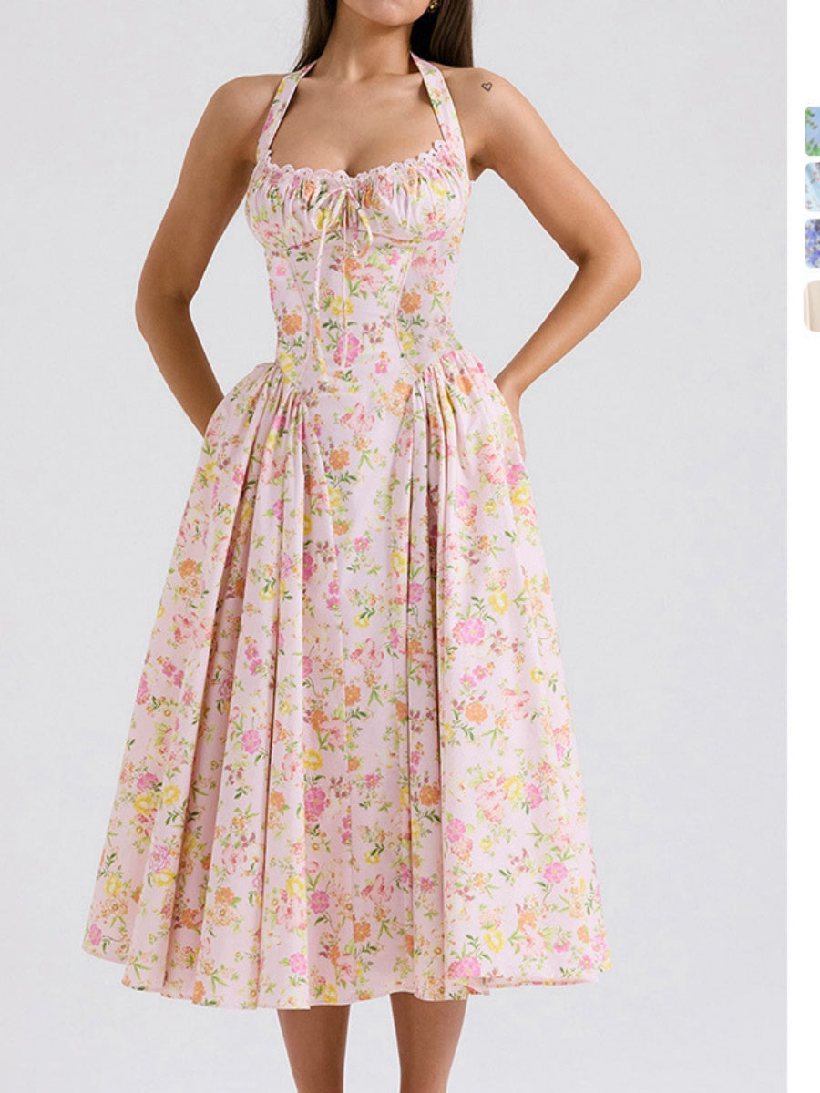 Lace Trim Floral Print Vacation Style Long Dress