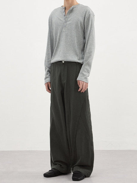 Slub-Weave Color-Block Washed Straight-Leg Pants