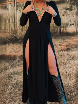 Black Long Sleeve V-neck Hollow Maxi Dresses