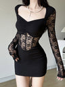 Lace Patchwork Perspective Pleated Hip Wrap Mini&Short Dresses