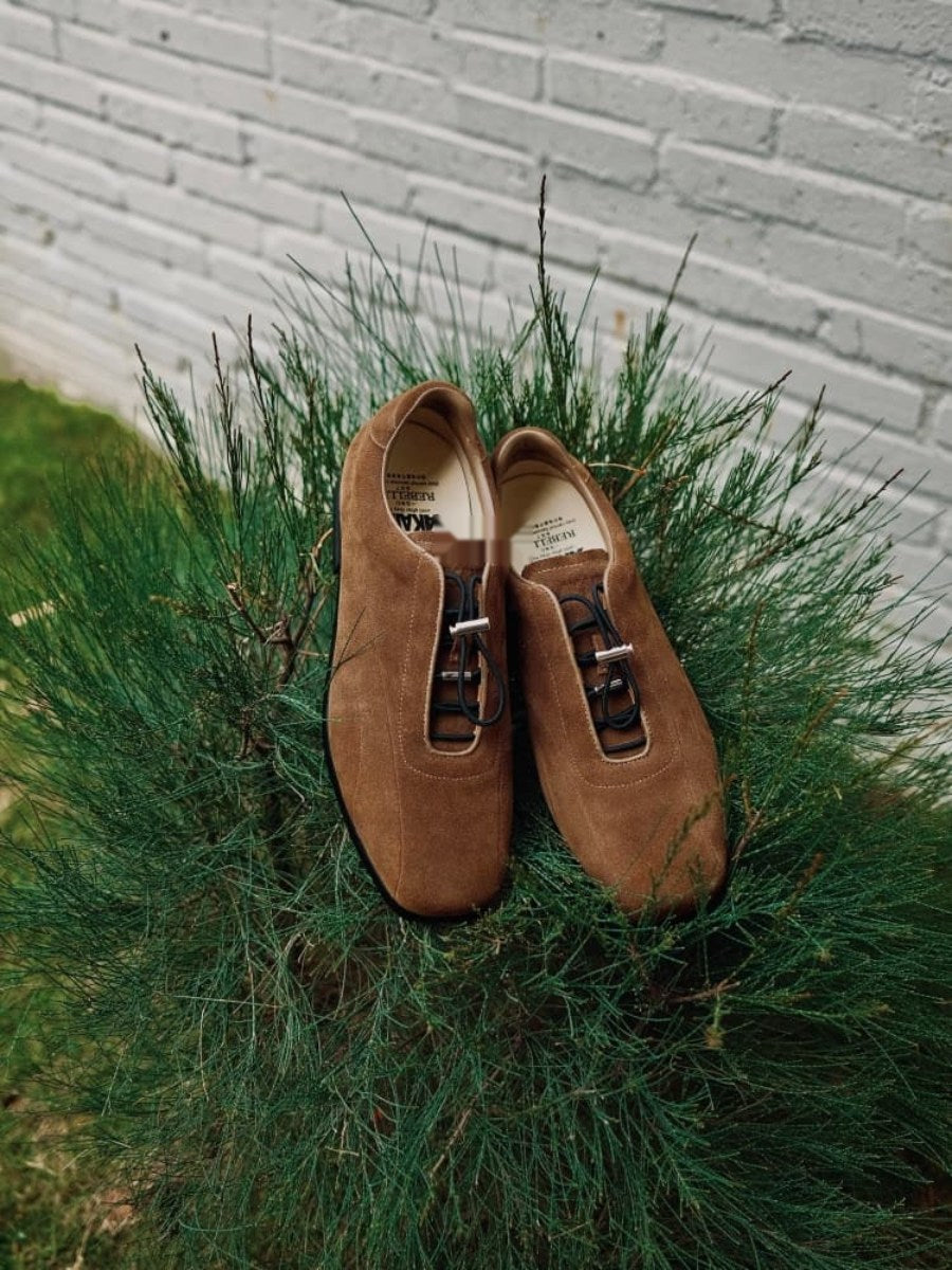 AKAIFU Suede Thin-soled Versatile Casual Vintage Square-toe Leather Shoes Drawstring Slip-on Shoes