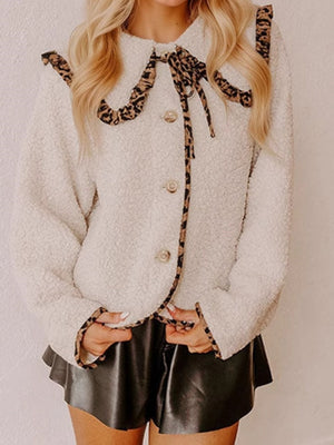 Liber Autumn women's leopard print lace-up doll collar lamb wool patchwork cotton coat