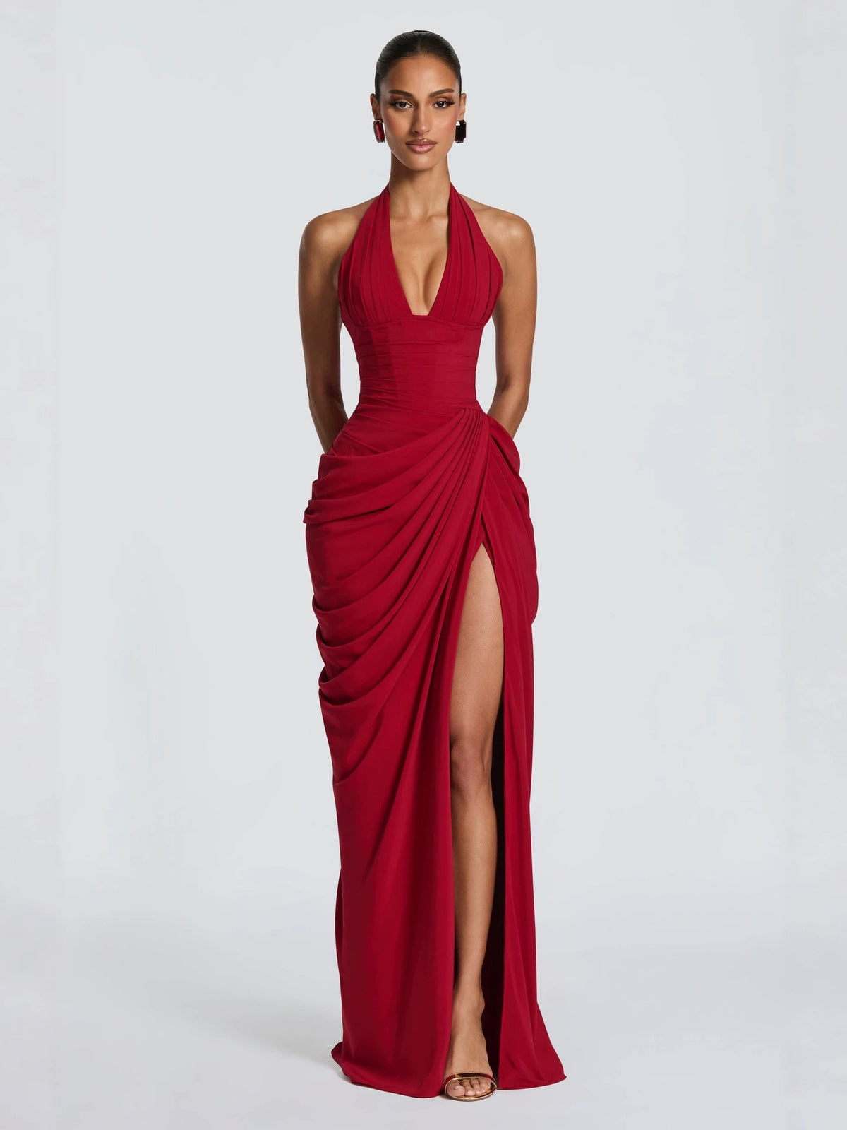 Halter Neck Pleated High Slit Long Dress