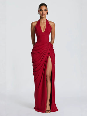 Halter Neck Pleated High Slit Long Dress