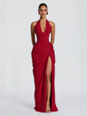Halter Neck Pleated High Slit Long Dress