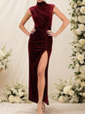 Sleeveless Turtleneck Burgundy Velvet Pleated High Slit Parties Long Evening Dress