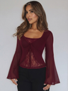 Lace-trimmed Bow-tie Bell-sleeve T-shirt