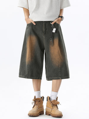 Distressed Washed Gathering 7 Points Denim Shorts