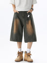 Distressed Washed Gathering 7 Points Denim Shorts