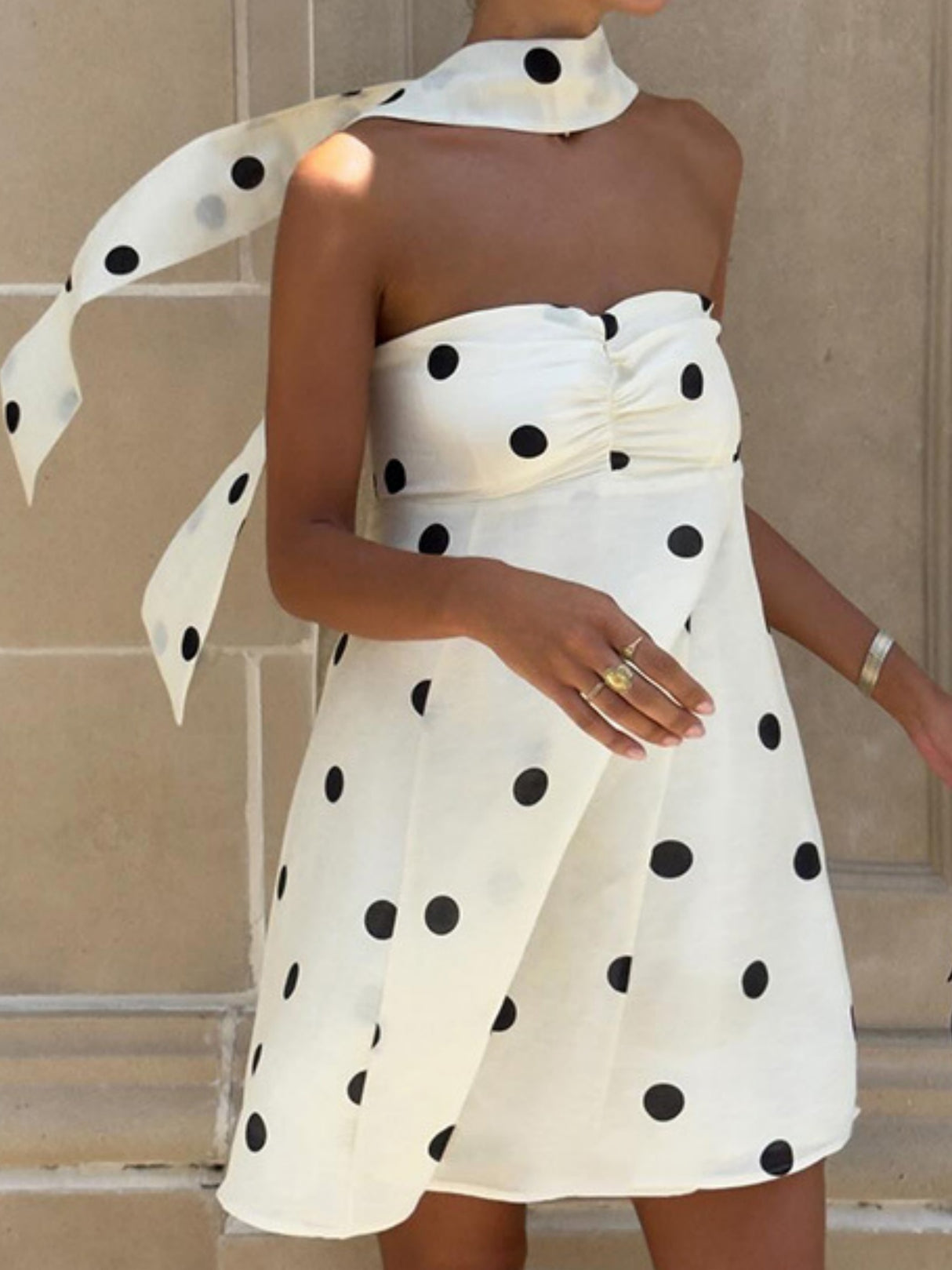 Polka Dots Wear A Scarf Strapless Mini&Short Dresses