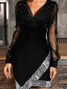Mini- und kurze Kleider mit Pailletten, V-Ausschnitt und taillierter Silhouette, Mesh-Einsätzen