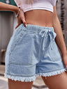 Elastic Waist Drawstring Raw Edges Tassel Jeans