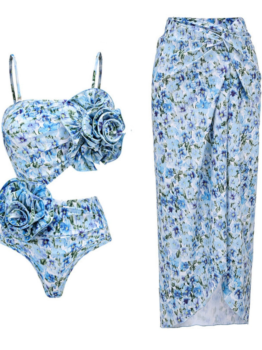 Floral-decorated Hollowed-out One-piece Swimsuit And Sun-protective Long Dress Two-piece Set