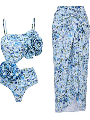 Floral-decorated Hollowed-out One-piece Swimsuit And Sun-protective Long Dress Two-piece Set