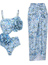 Floral-decorated Hollowed-out One-piece Swimsuit And Sun-protective Long Dress Two-piece Set