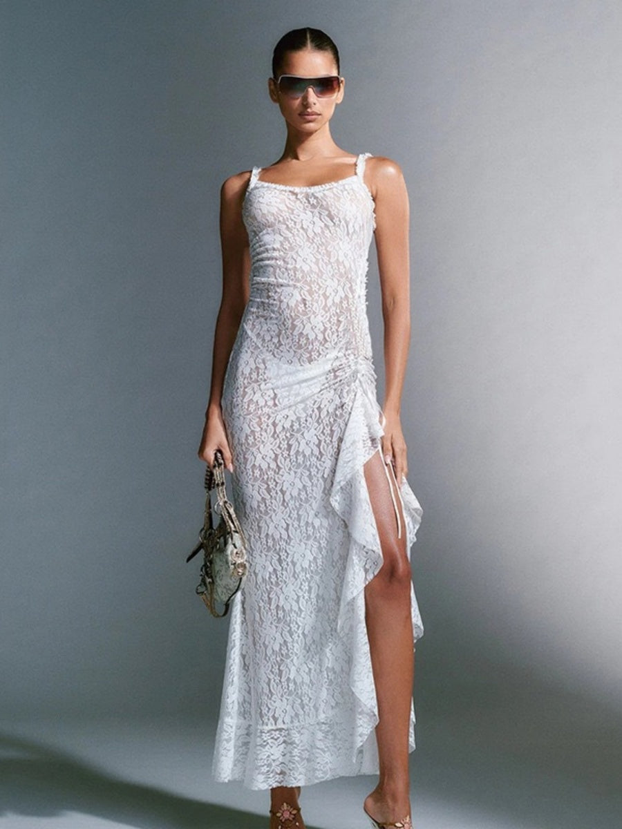 White Halter-neck Lace See-through Ruched Long Dress