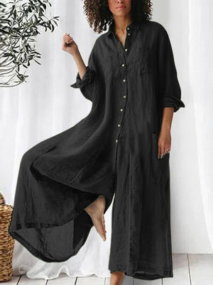 Long-sleeved Mid-length Cotton Linen Shirt Jumpsuit