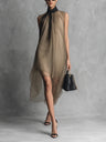 High-neck, Tie-up, Sleeveless Chiffon Dress With Bow Solid Color Irregular Midi Dress
