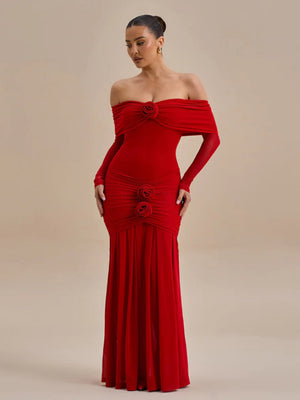 3D Flowers Valentine's Day Off-shoulder Pleated Maxi Dresses