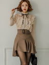 Elegant Two-piece Set: Stand-up Collar Sheer Blouse And Ruffled Skirt.