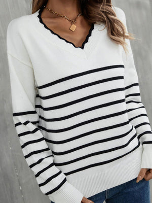 Stripes V-neck Color Matching Knitted Sweater
